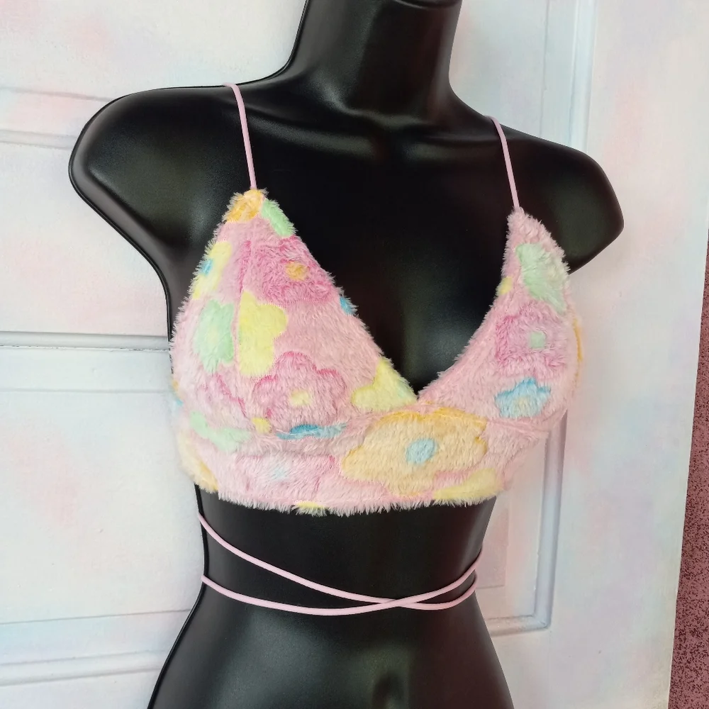 Soft & fuzzy retro floral rave gear crop top w/ criss cross back! Festival wear! - Picture 1 of 6